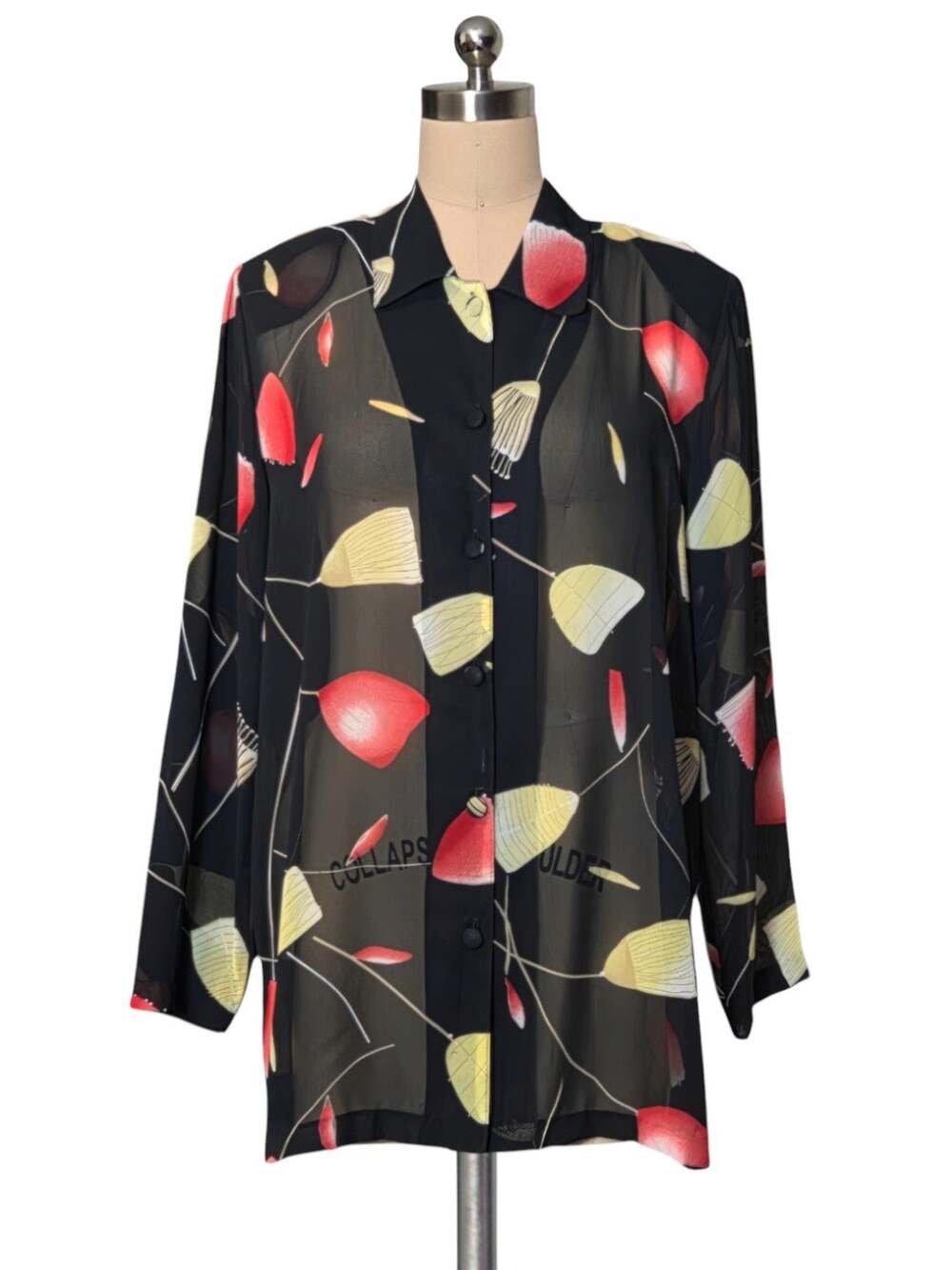 Vintage 90's Sheer Black Red Yellow Print Blouse Button Up L